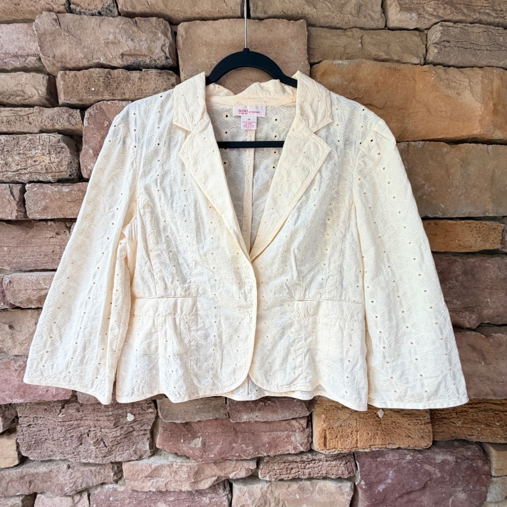 VTG Womens 14 Blazer Butter Yellow Cotton Eyelet Lace Peplum Crop Jacket Cottage